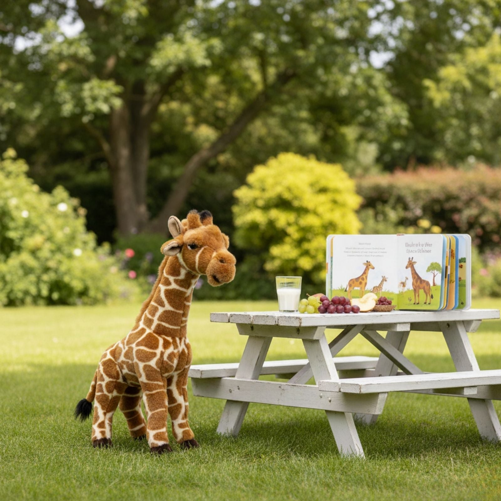 Brown Elliot Soft plush toy giraffe in the backyard 