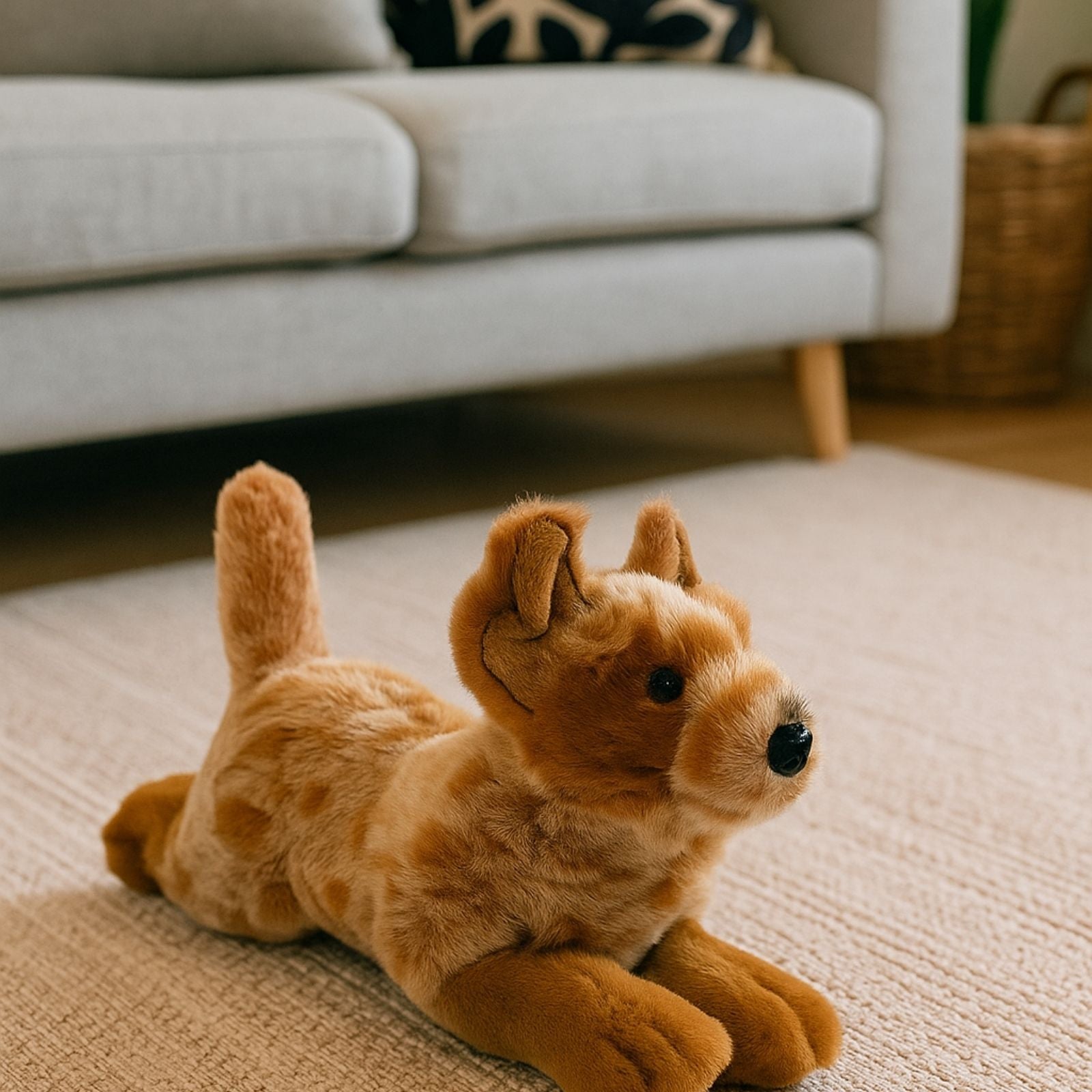 Lying Red Heeler cattle dog plush toy indoors