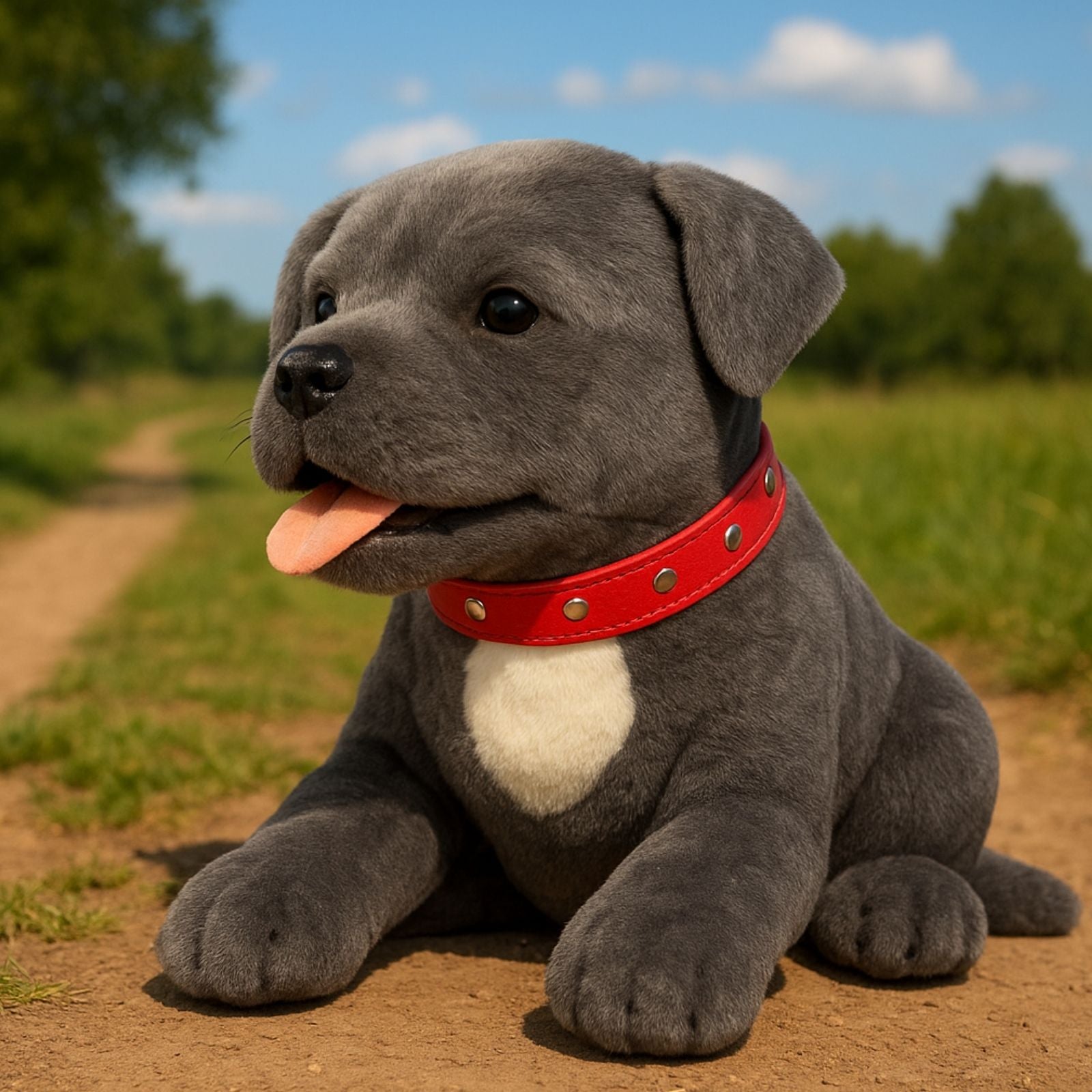 Grey Staffy dog plush toy outdoors