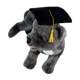 Front view of lying Staffy plush toy in graduation hat