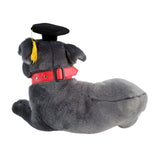 Back view of lying Staffy plush toy in graduation hat