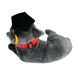 Back view of lying Staffy plush toy in graduation hat