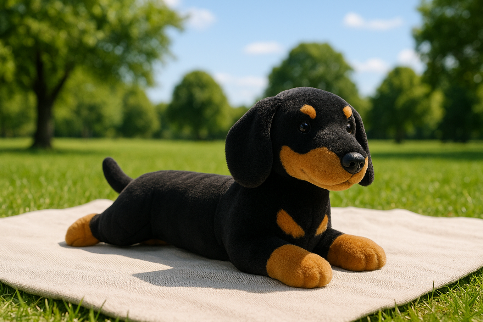Dachshund plush toy outdoors