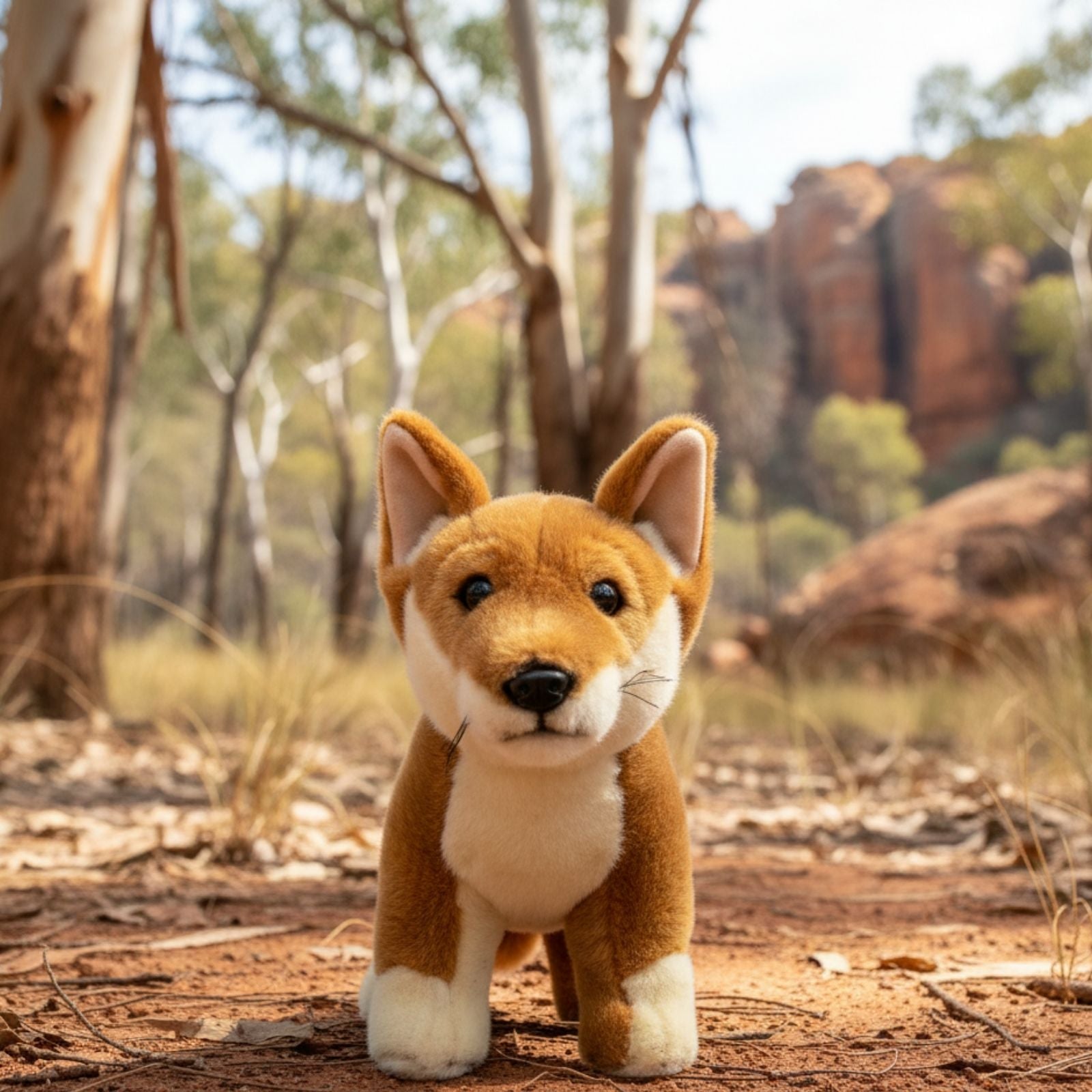 Stuffed dingo toy in a natural setting with trees and rocks.