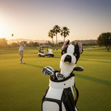 French Bulldog golf headcover on bag at sunny course.