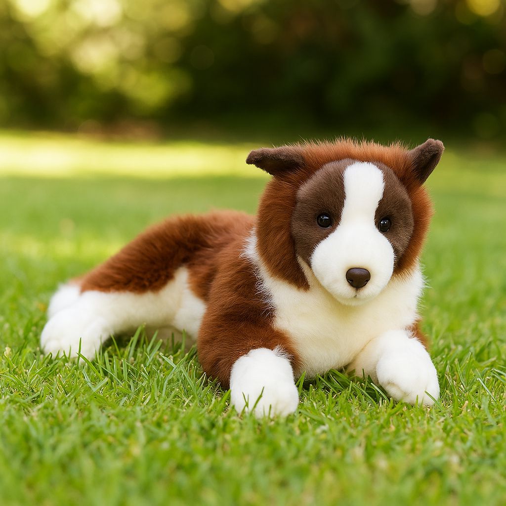 Lying chocolate Border Collie plush toy outdoors