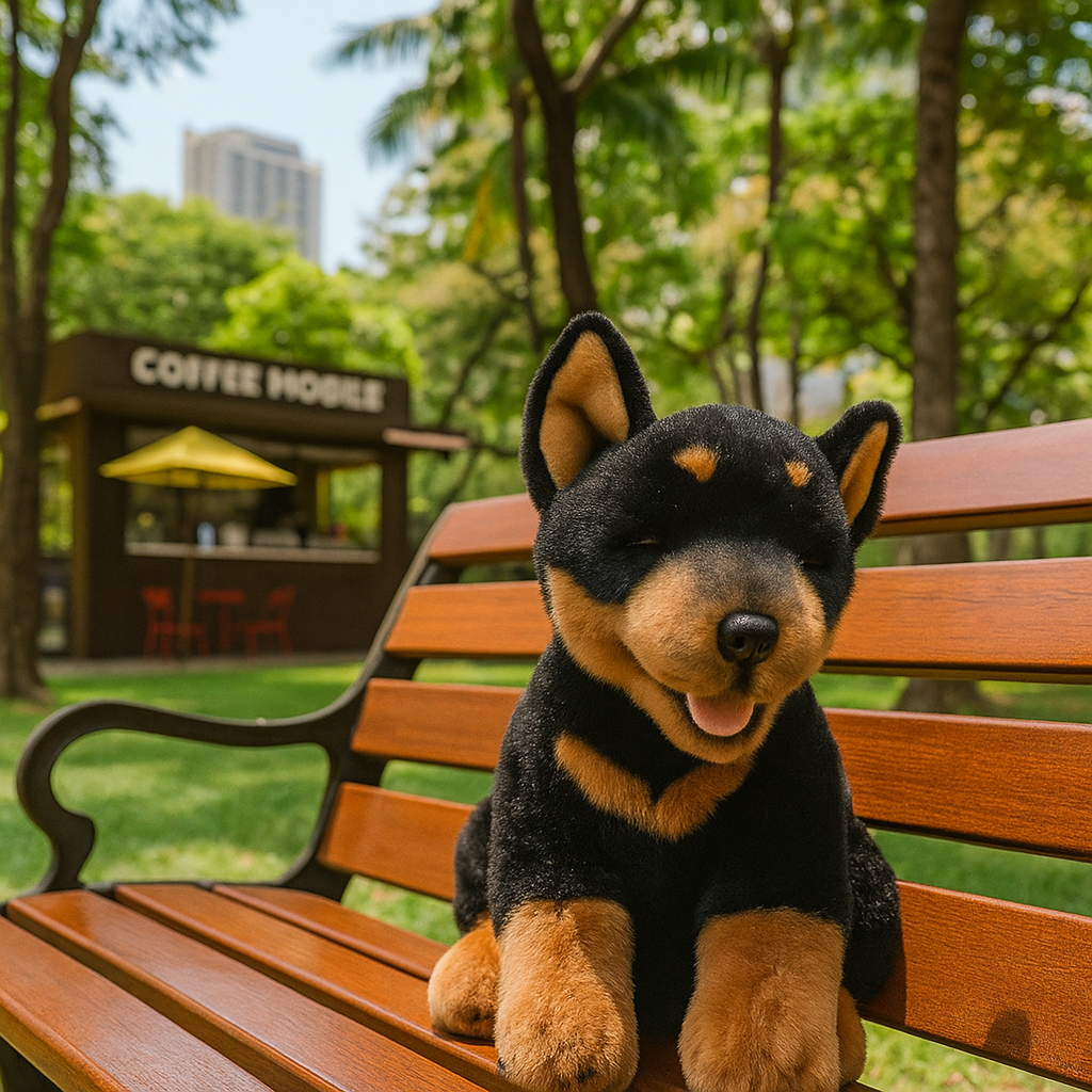 Lying black and tan Kelpie plush toy outdoors