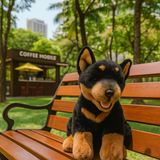 Lying black and tan Kelpie plush toy outdoors