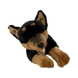Front view of lying black and tan Kelpie plush toy