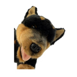 Close up of lying black and tan Kelpie plush toy