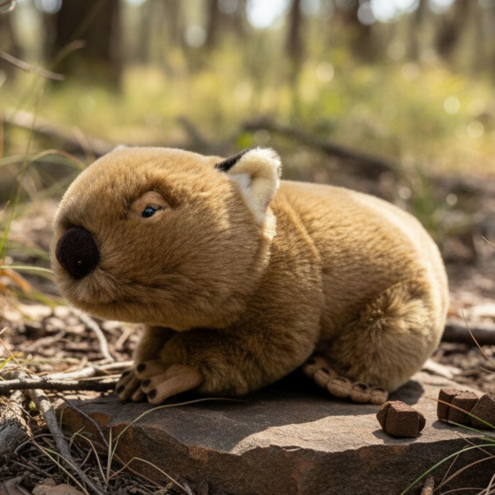 Plush toy wombat on a rock in a forest setting