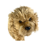 Close up view of sitting brown Oodle plush dog toy