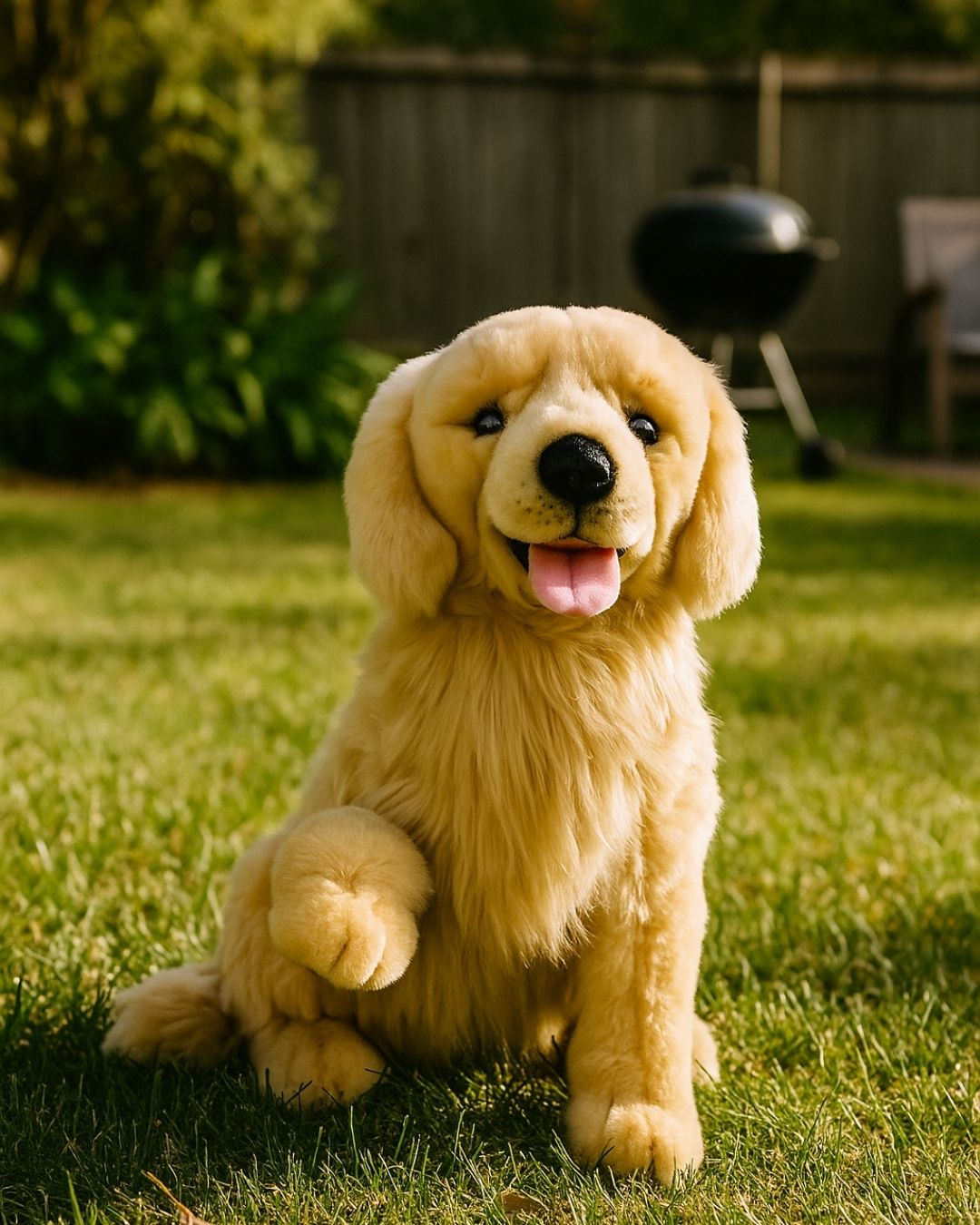Golden Retriever plush dog toy outdoors