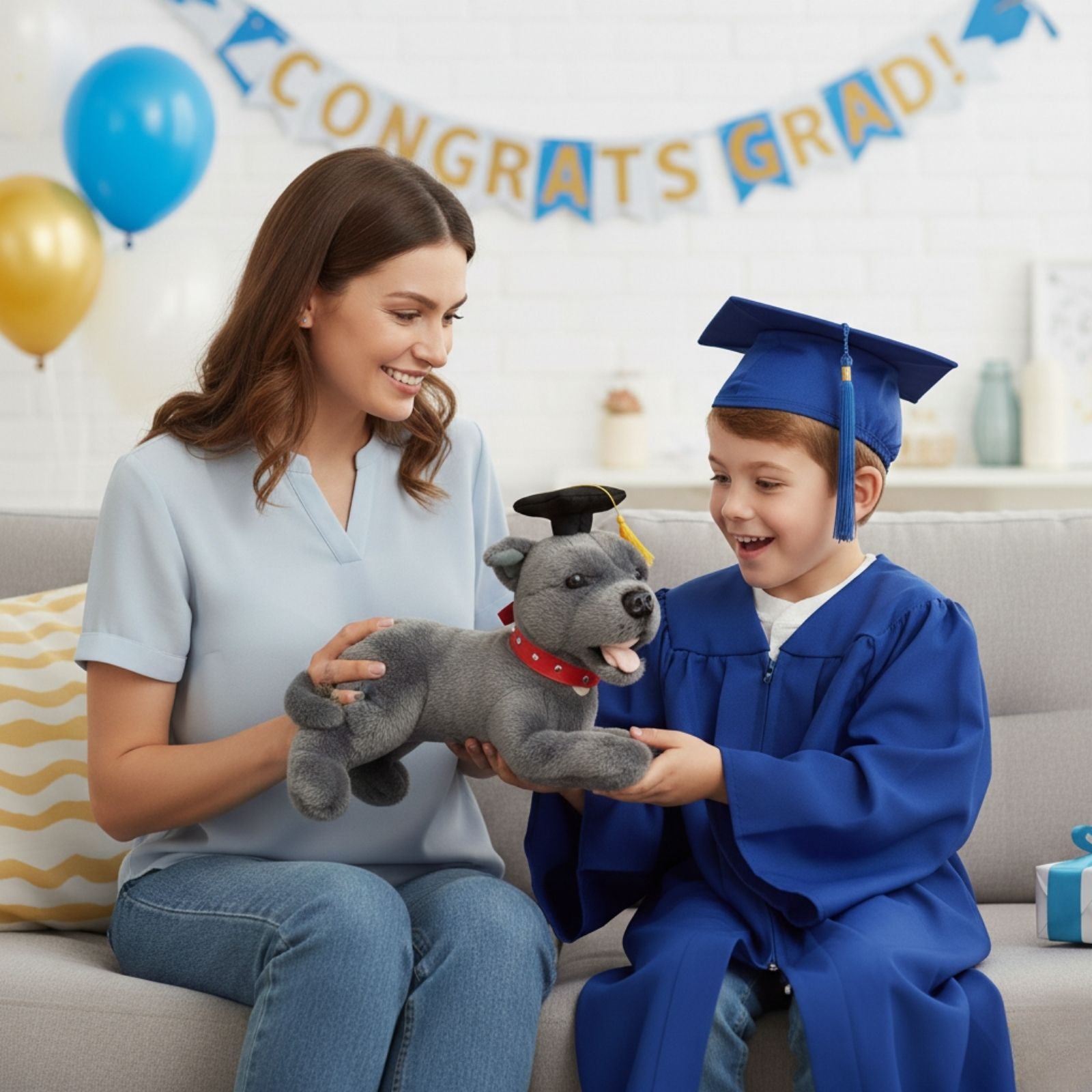 Mom and Child holding Flint Staffy plush toy.