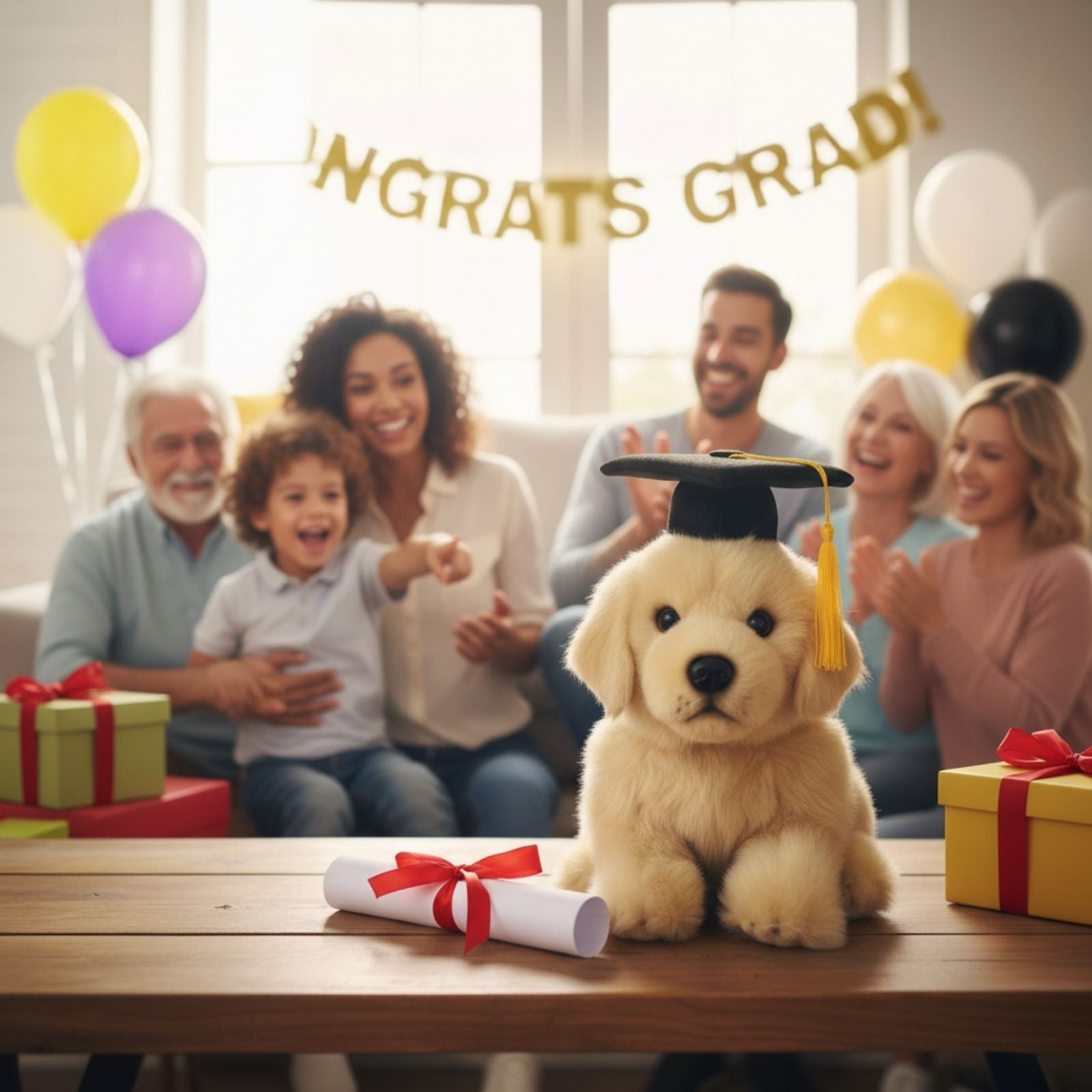 Maple Golden Retriever plush wearing graduation hat