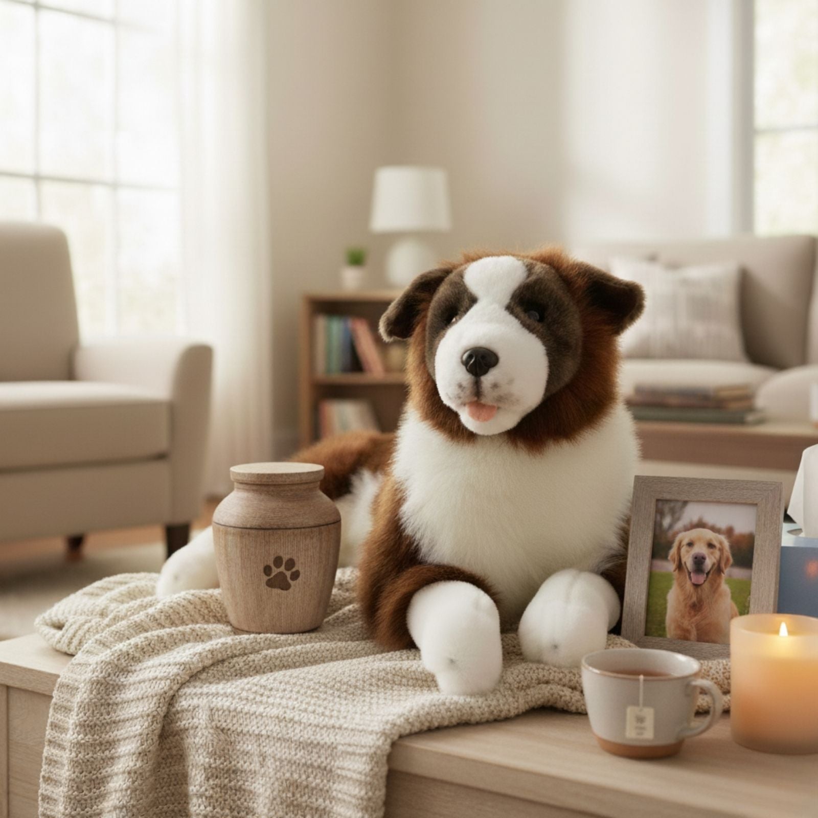Lying Hazel chocolate Border Collie plush on coffee table
