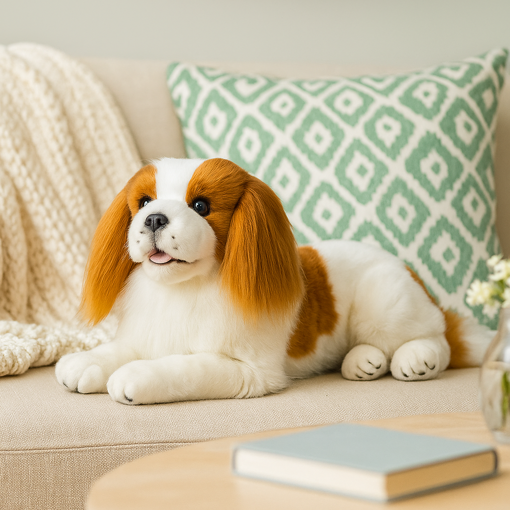 Lying Izzy Cavalier King Charles Spaniel on sofa