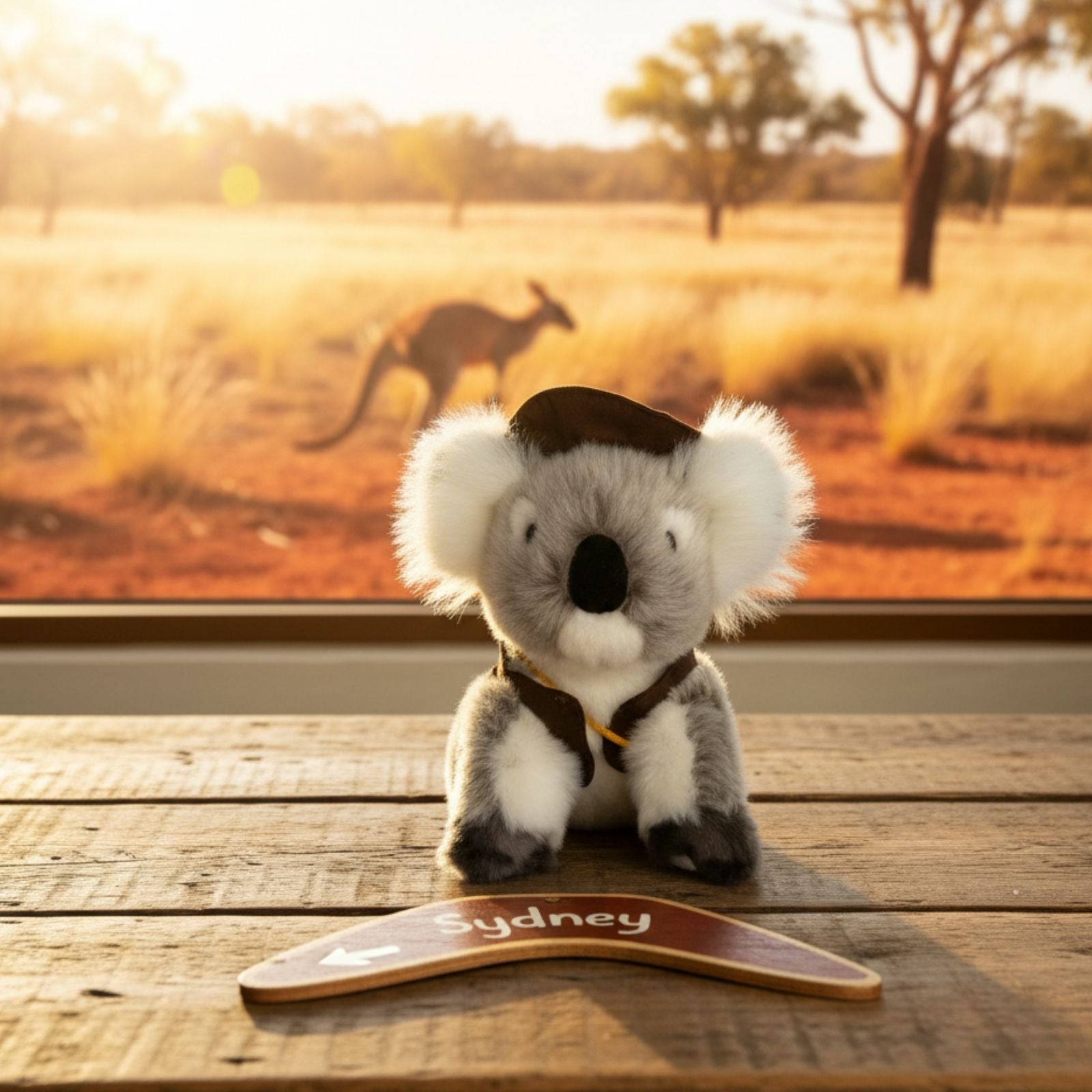 Sitting Jack koala plush with swag and hat outdoors