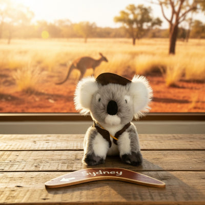Sitting Jack koala plush with swag and hat outdoors