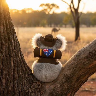 Sitting Jack koala plush with swag and hat on a tree