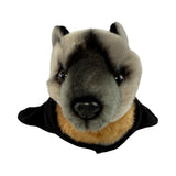 Plush toy head of a Fruit Bat with a black cape on a white background