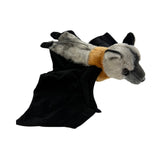 Plush toy bat with black wings and gray head on a white background