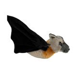 Plush toy resembling a bat with black wings and gray face on a white background