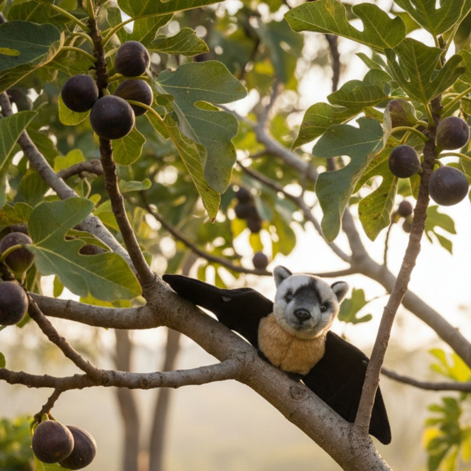 Fruit Bat perched among tree branches with figs
