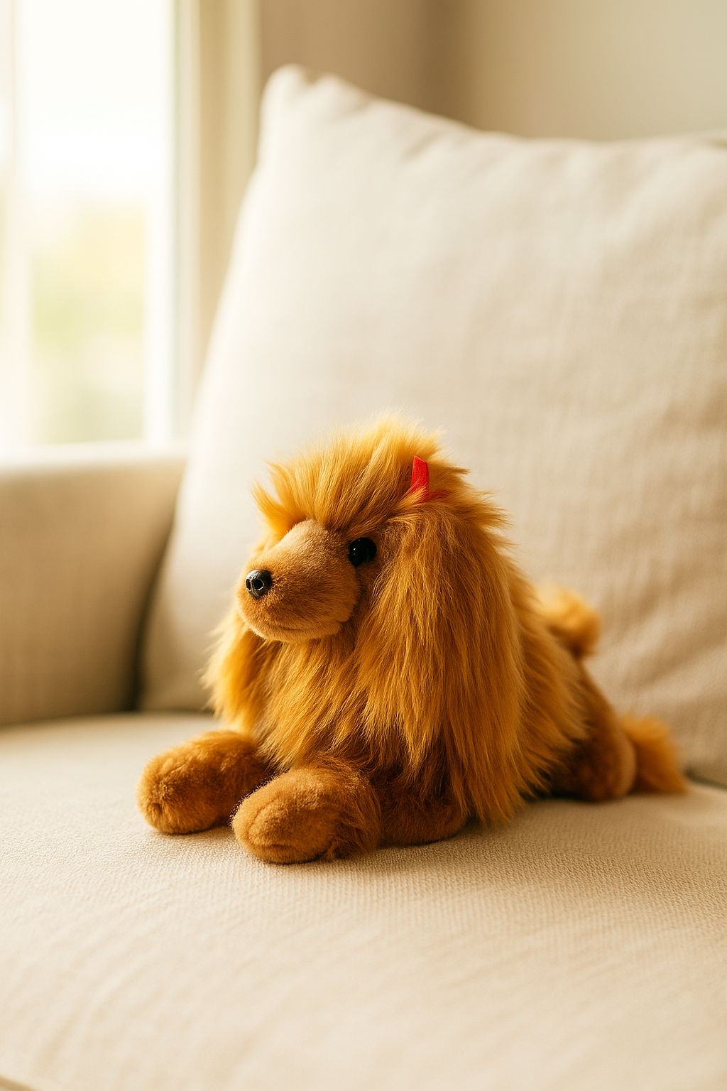 Juliet brown Poodle plush toy on sofa
