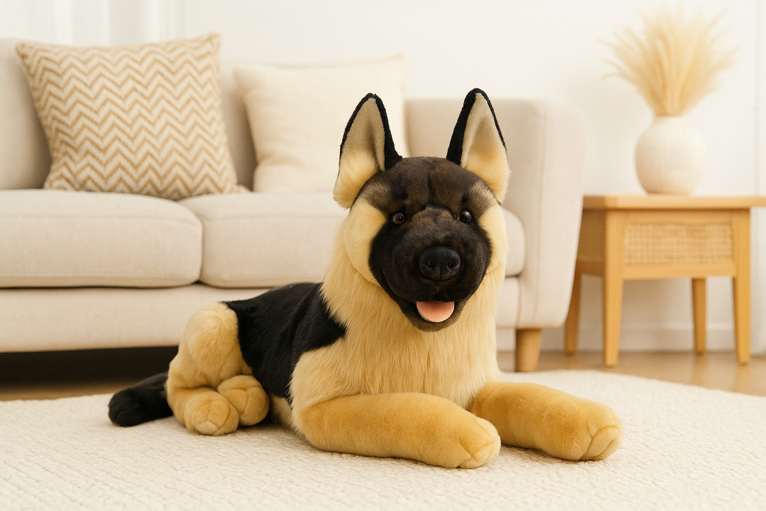 Kaiser German Shepherd plush toy lying indoors