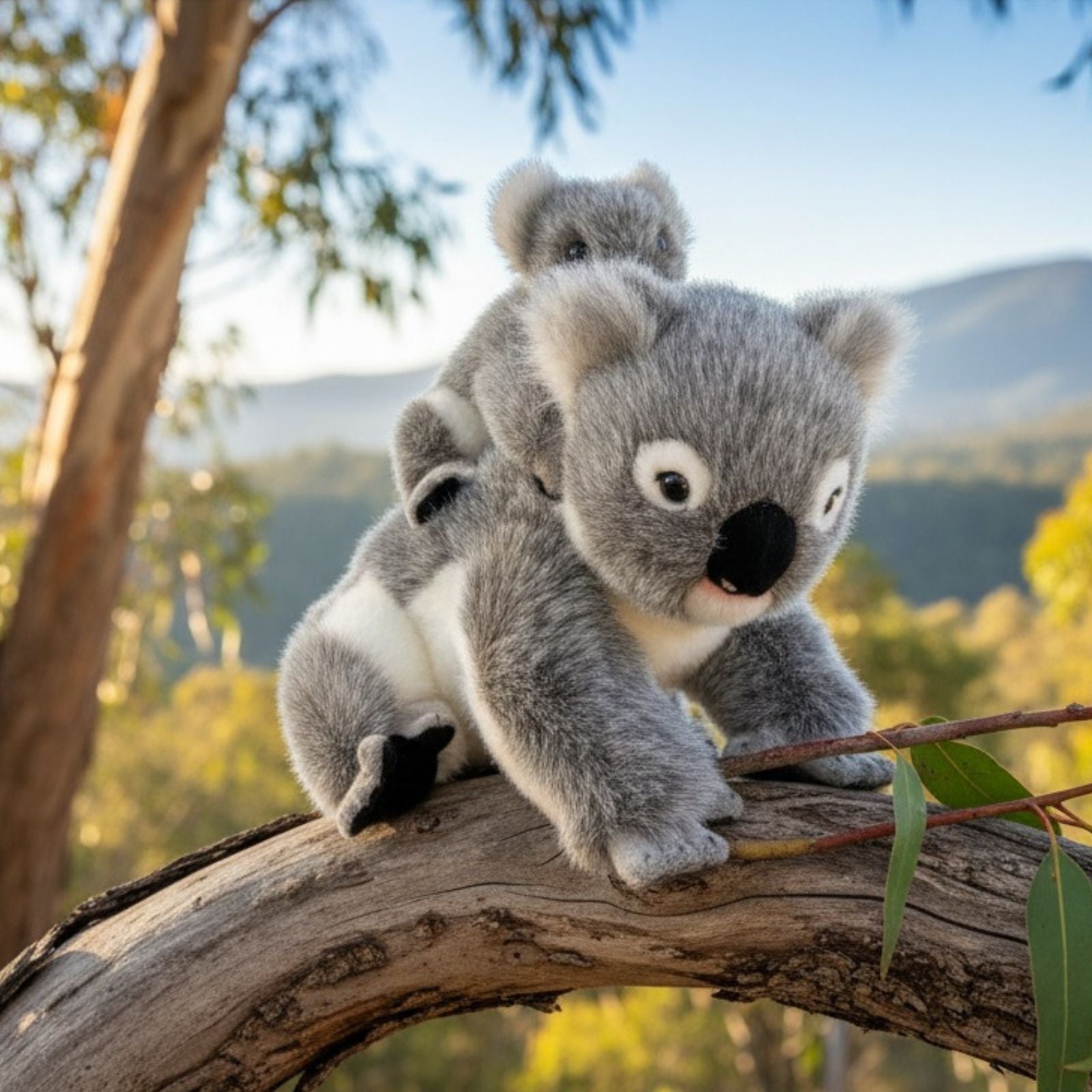 Plush toy koala on a branch with a natural background