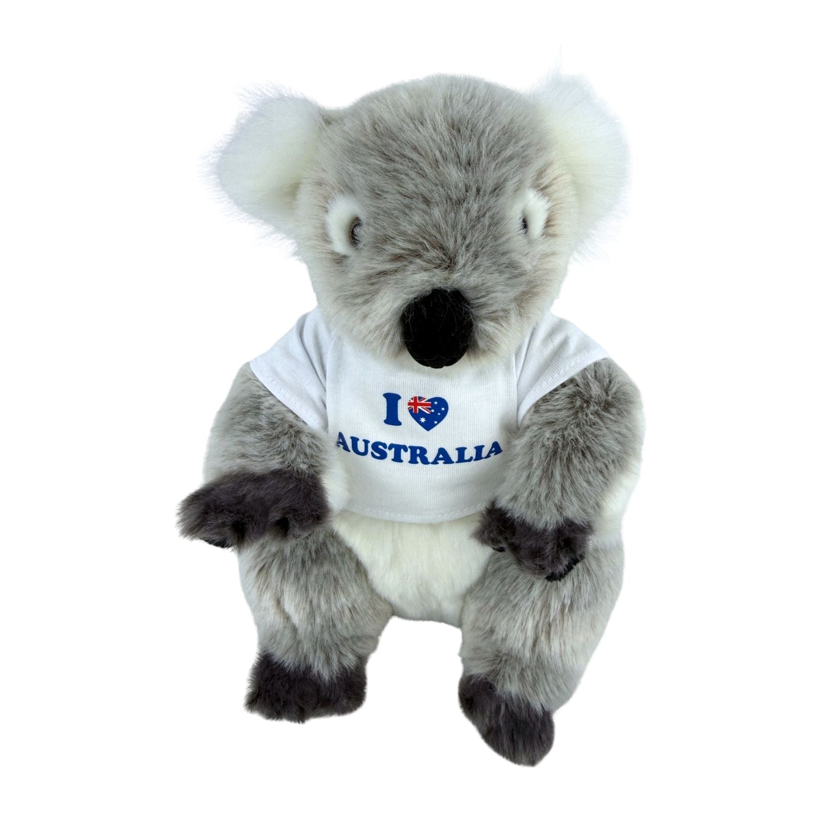 Plush koala toy wearing a 'I ❤️ Australia' shirt on a white background
