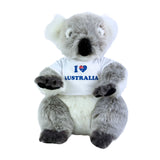 Plush koala toy wearing a white shirt with 'I ❤️ Australia' text on a white background