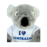 Plush koala bear wearing a shirt with 'I ❤️ Australia' text on a white background