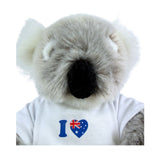 Plush koala wearing a shirt with 'I ❤️ Australia' design on a white background