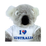 Plush koala bear wearing a t-shirt with 'I ❤️ Australia' text on a white background
