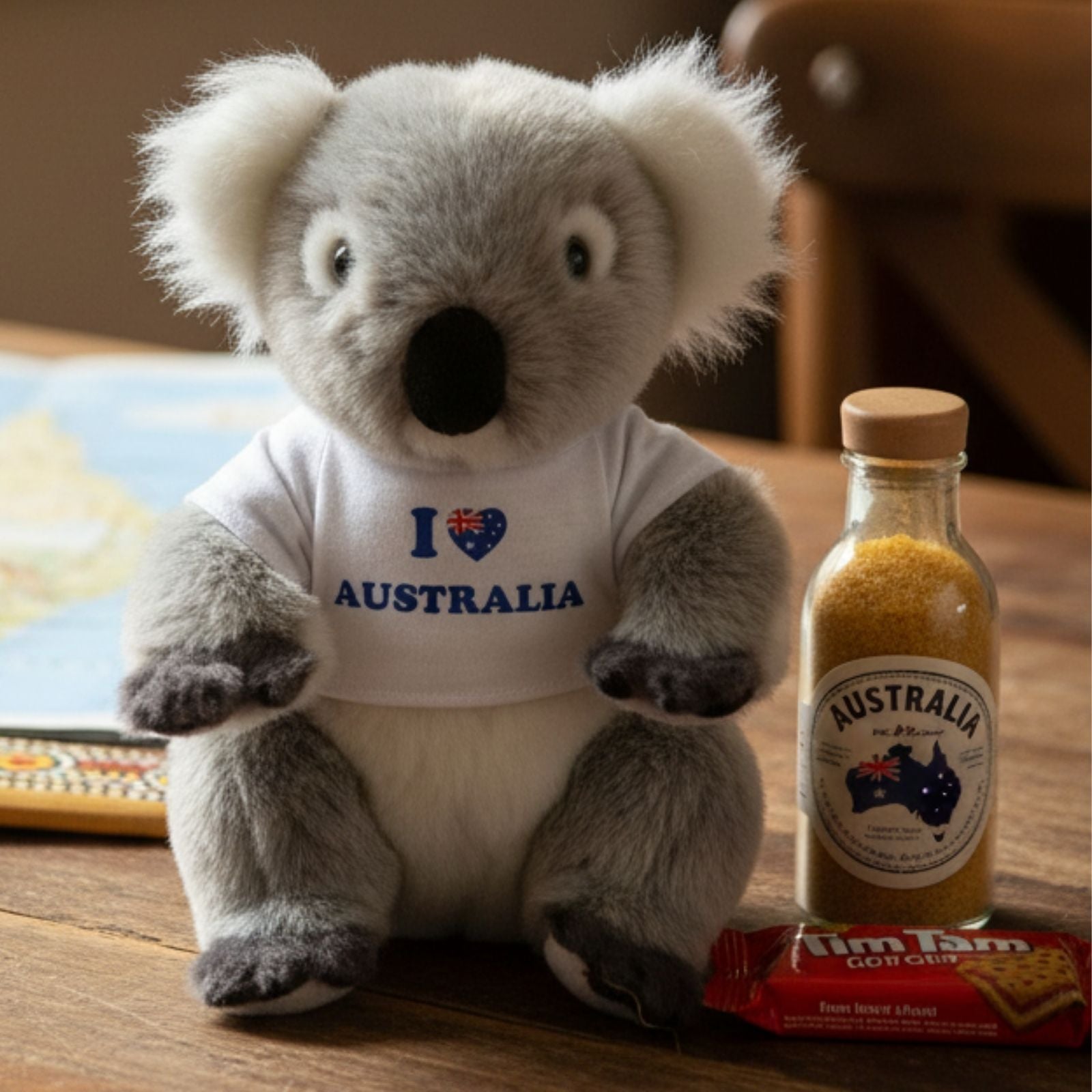 Plush koala wearing a 'I ❤️ Australia' shirt with a bottle of Australian gold and Tim Tam on a wooden surface.