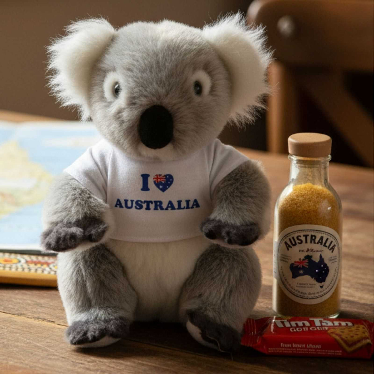 Plush koala wearing a 'I ❤️ Australia' shirt with a bottle of Australian gold and Tim Tam on a wooden surface.