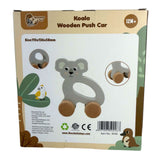 Back of packaging for gray koala wooden push car