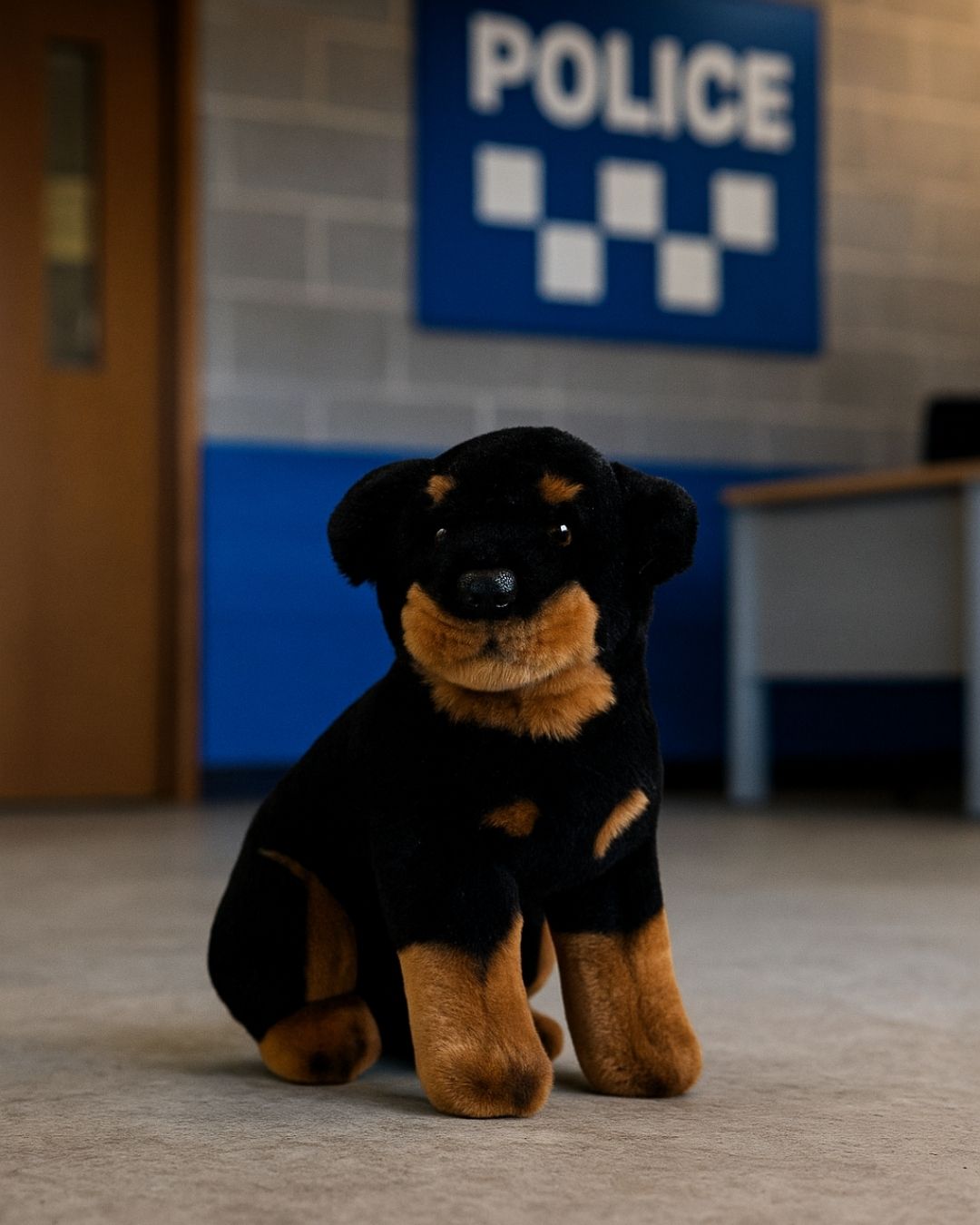 Koda Rottweiler plush sitting indoors