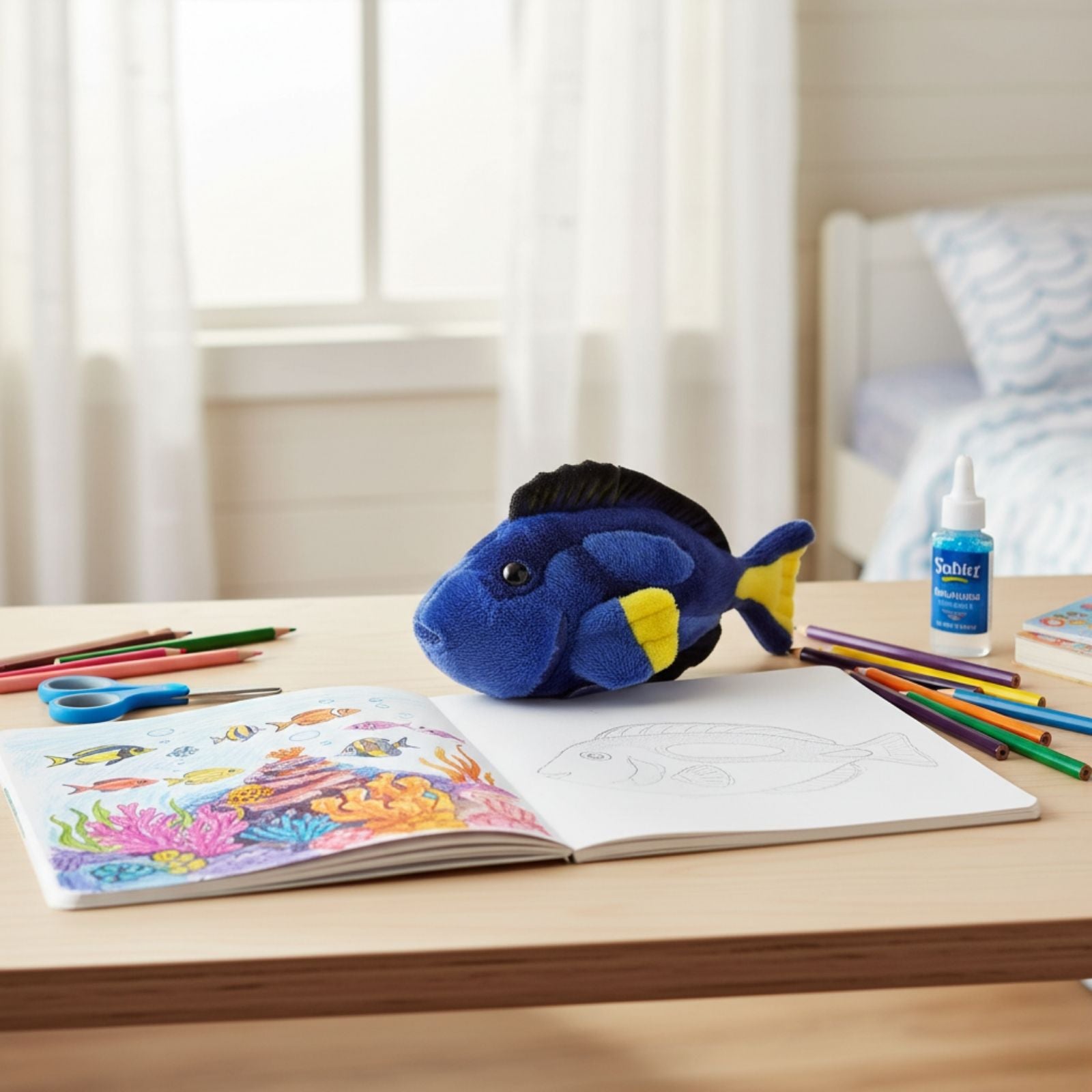 Blue Tang fish plush toy indoors