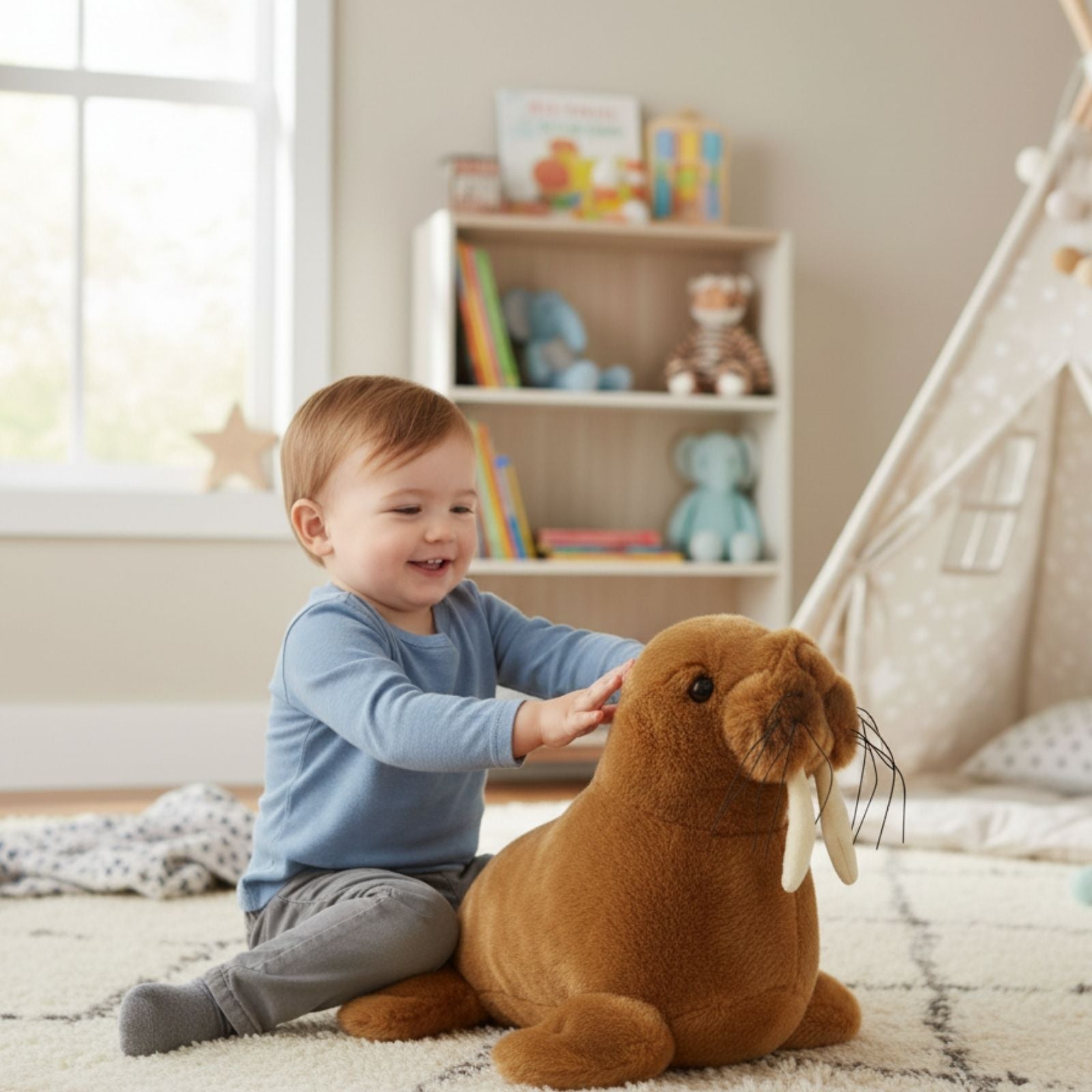 Baby playing with Leopold walrus plush toy indoors