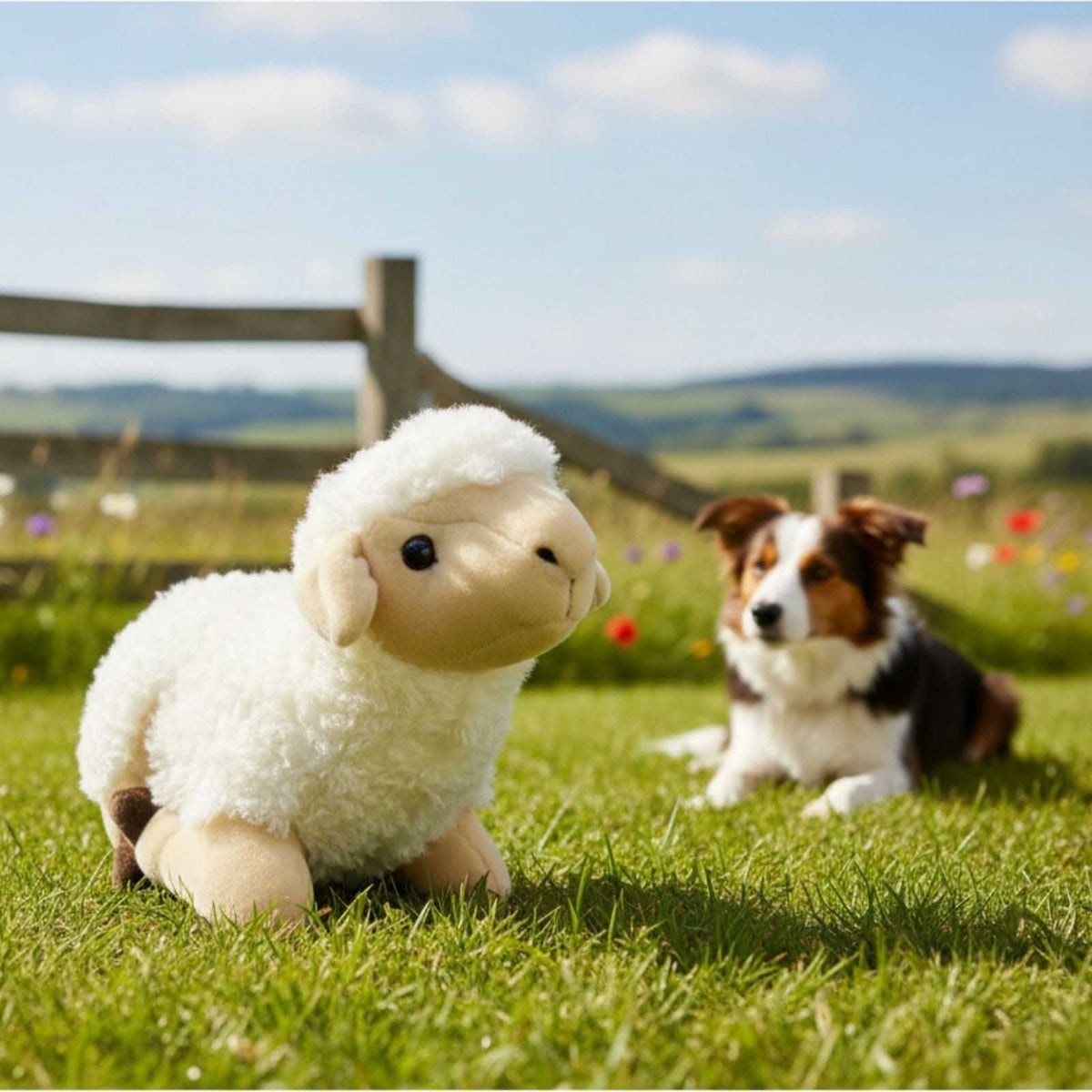 Lola sheep plush toy lying in a farm