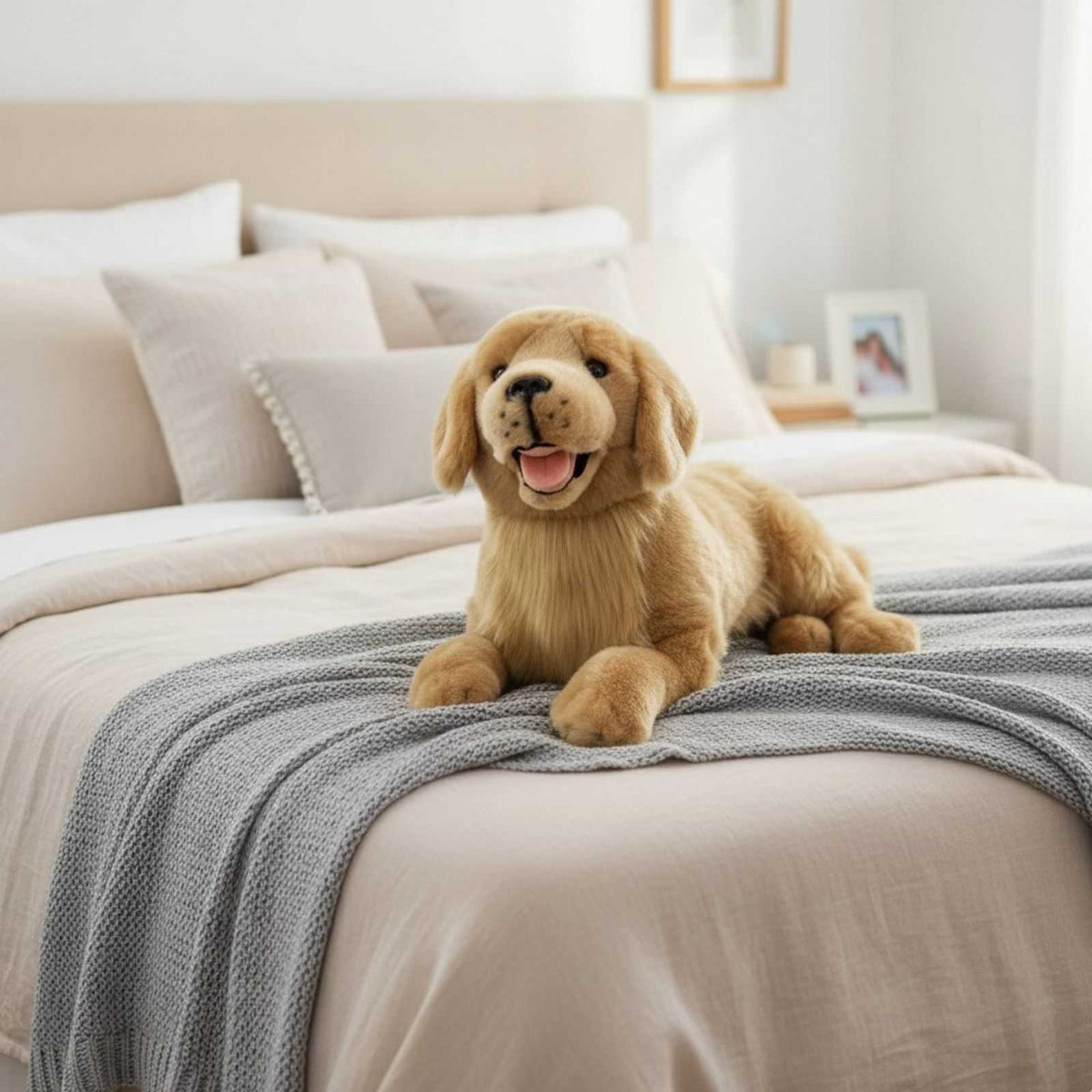 Lucky Golden Retriever plush lying on a bed