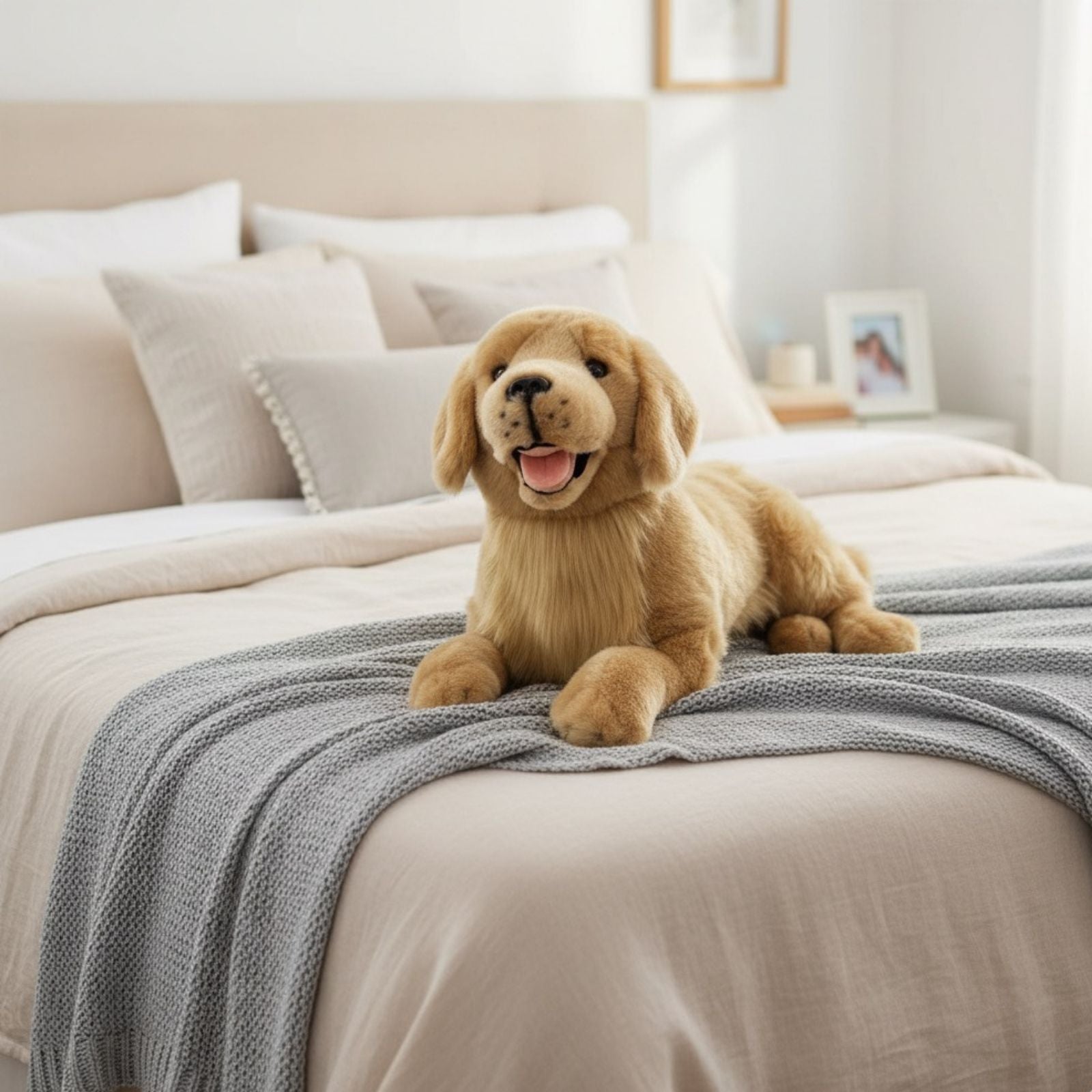 Lucky Golden Retriever plush lying on a bed