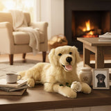 Luna Golden Retriever plush with satin pocket lying indoors
