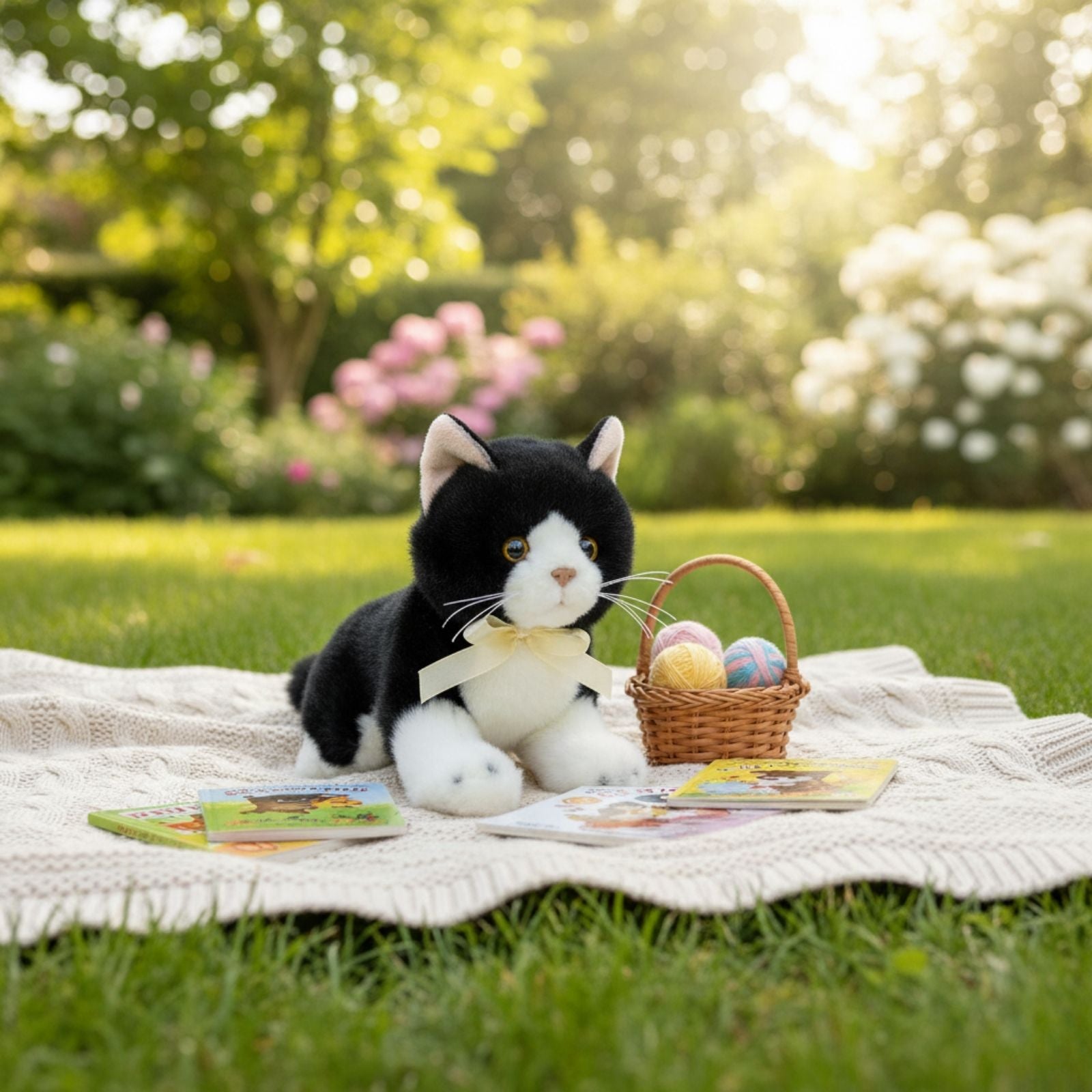 Mango Piebald kitten plush on a picnic mat outdoors