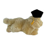 Lying Maple Golden Retriever plush wearing grad hat