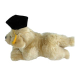 Lying Maple Golden Retriever plush wearing grad hat