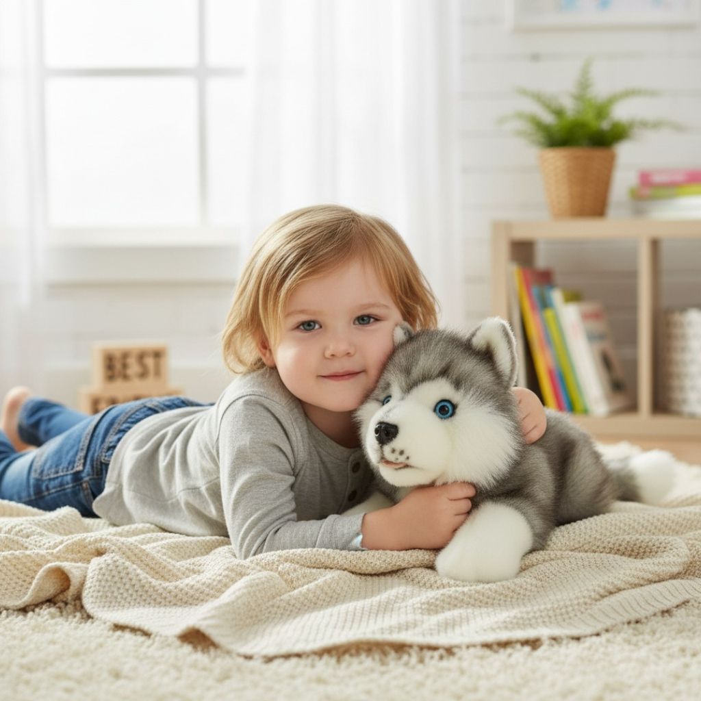 Marbles Siberian Husky puppy plush cuddled by a toddler